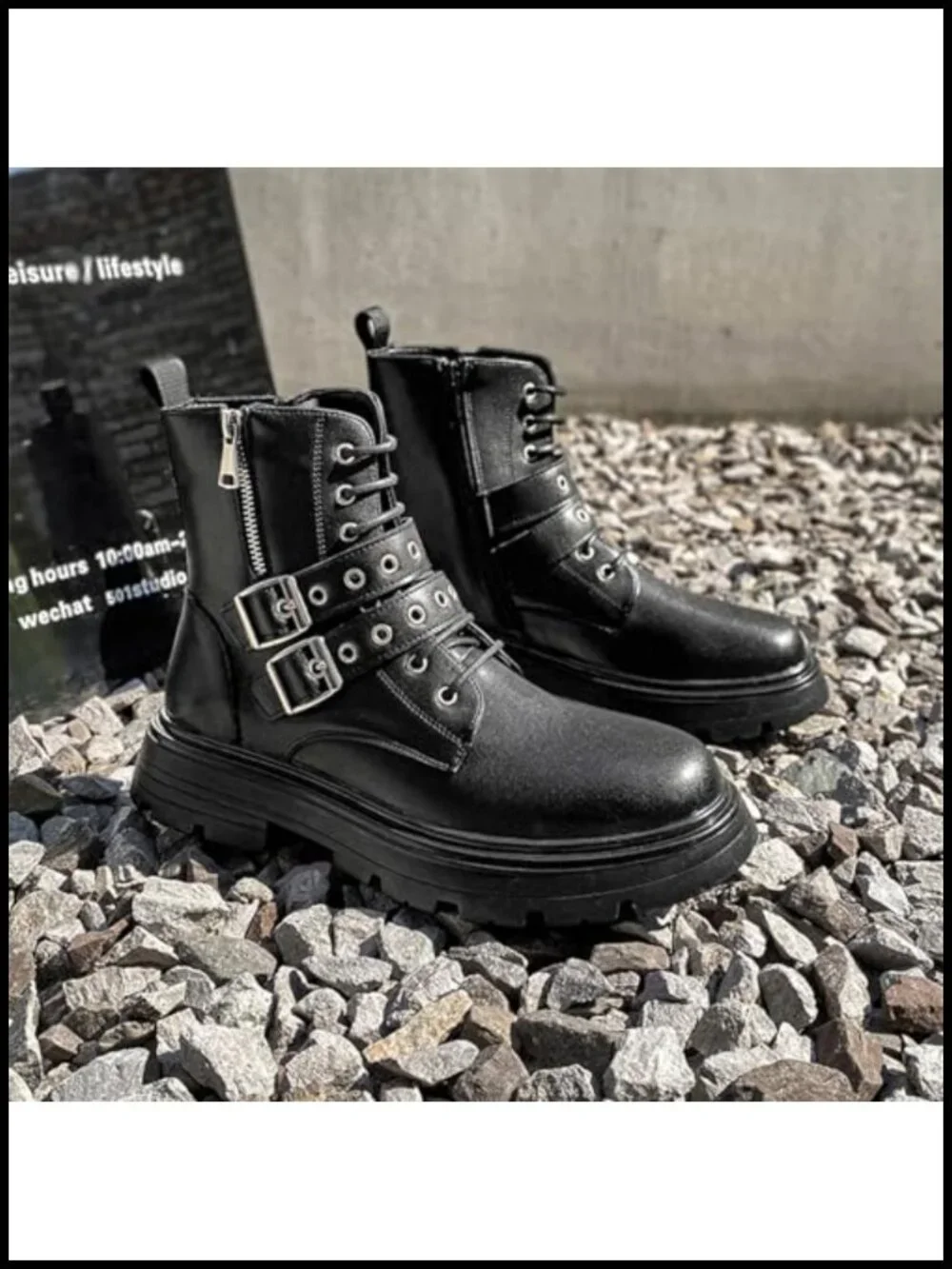 Faux Leather Platform Ankle Boots Lace Up Side Zip Adjustable Buckle Lug Sole
